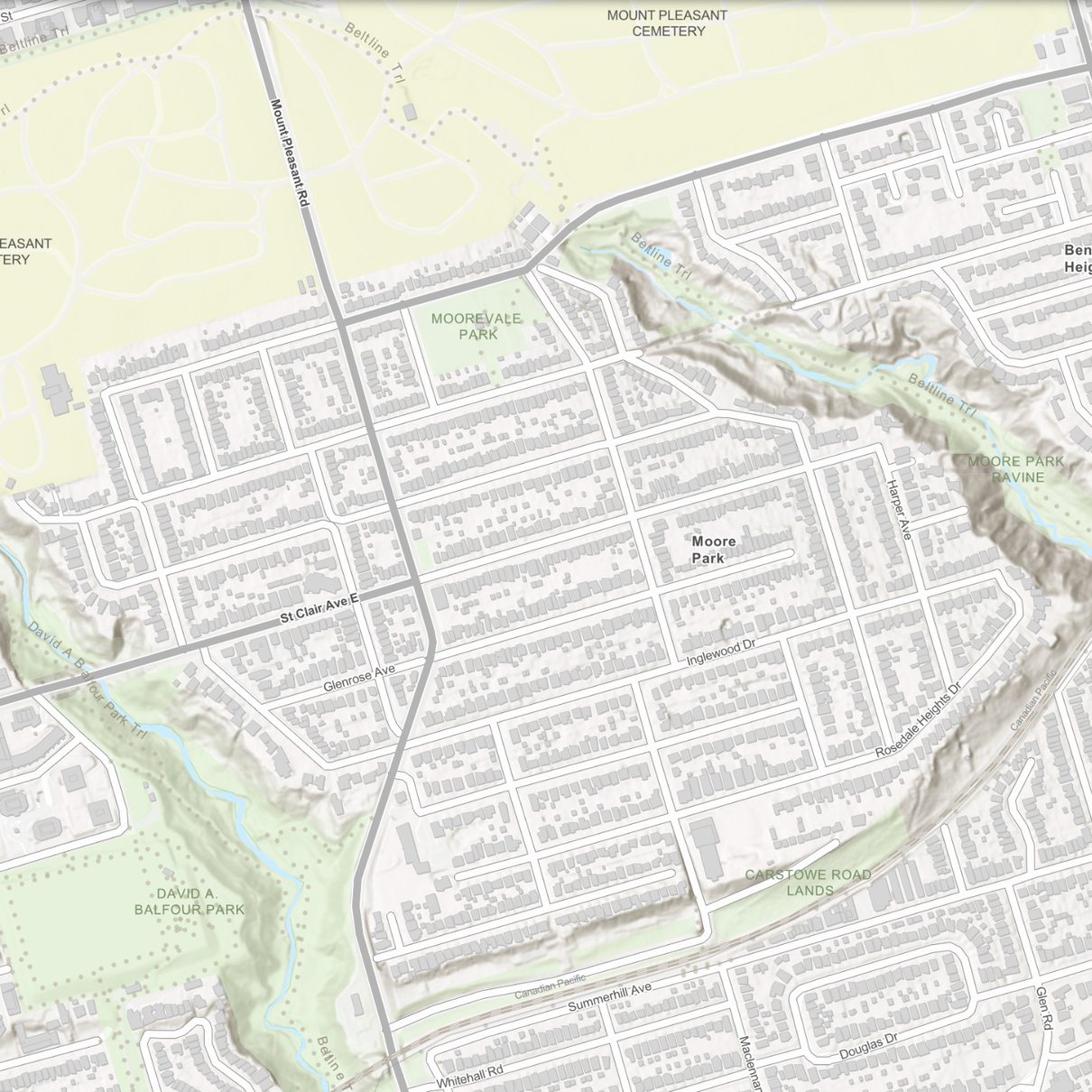 Street map of the Moore Park neighbourhood in Toronto, bounded by Mount Pleasant Cemetery to the north, Mount Pleasant Road to the west, the Moore Park Ravine and Beltline Trail to the east, and the rail corridor to the south, with St Clair Avenue East, Moorevale Park and David A. Balfour Park marked